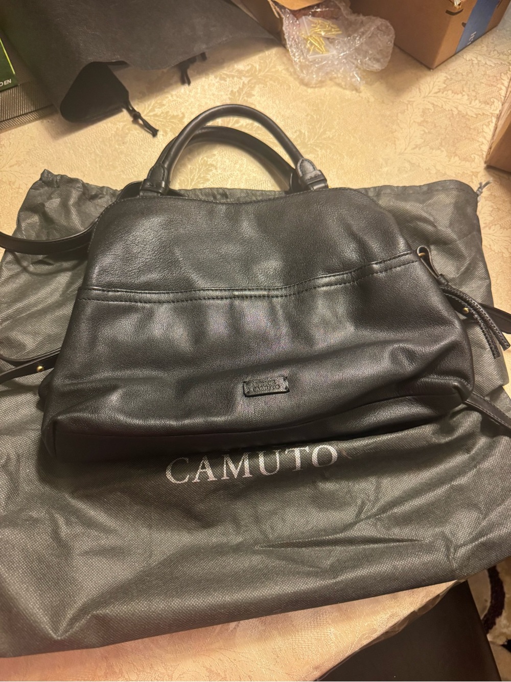 Vince Camuto Black Pebbled Leather Pleated Satchel Shoulder Bag + Dust Bag